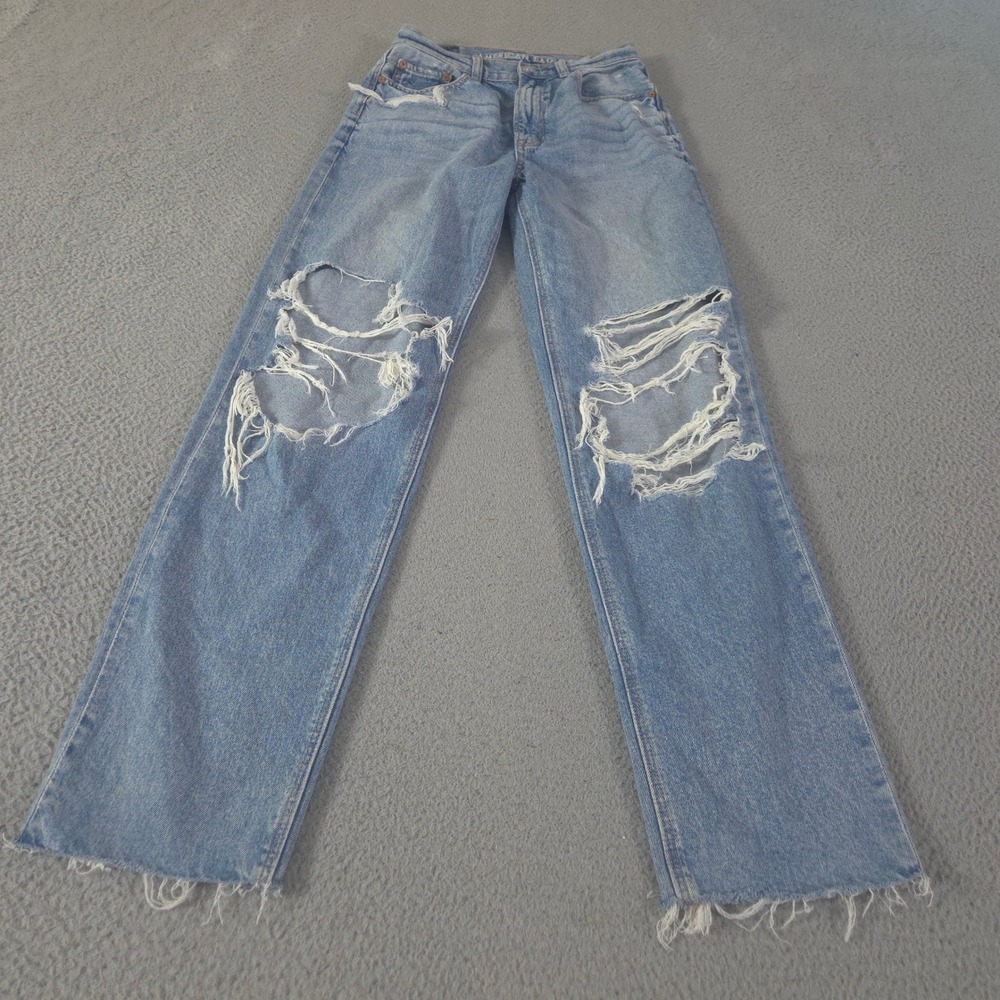 American Eagle Jeans Womens 0 Baggy Straight Strigid Distressed Ripped Denim